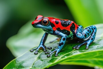Fototapeta premium A vibrant red, blue and black poison dart frog perched on a green leaf.