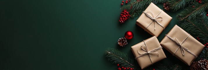 Beautifully wrapped Christmas gifts adorned with natural twine and festive decorations on an elegant green backdrop