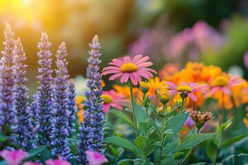 Obraz premium Vibrant garden blooms in golden sunlight