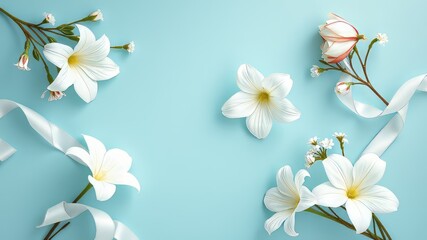 Lush white flowers and delicate ribbons adorn a serene blue background in a refined greeting card mockup, exuding