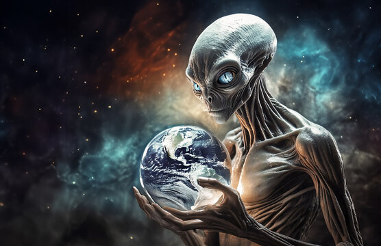 Un extraterrestre tient entre ses mains la plan&egrave;te terre , la galaxie en arri&egrave;re plan, magnifique, concept cr&eacute;ation, origine, science-fiction 