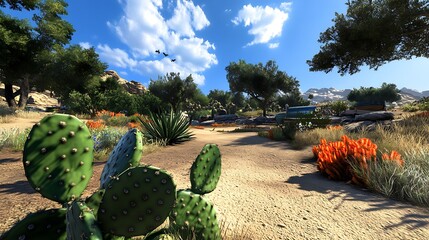 Desert Landscape with Cactus  Agave  and Birds Flying in Blue Sky