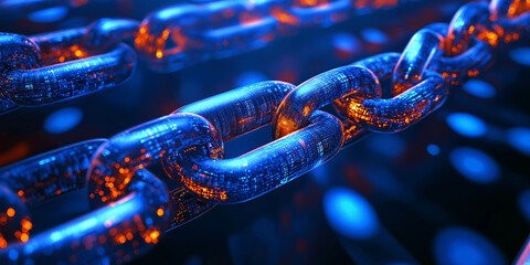 Generative ai. Blockchain technology, glowing blue digital chains, futuristic network connections, 3D rendering, neon lights, abstract technology background, crypto art, interconnected data blocks