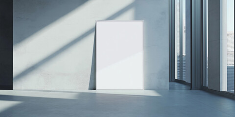 Generative ai. Minimalist interior, white canvas on floor, stark shadows, sunlight through window, clean lines, modern architecture, empty room, geometric shapes, high contrast, soft lighting