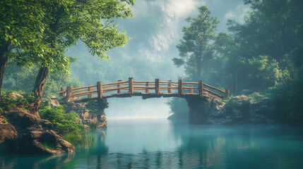 Fototapeta premium A rustic wooden bridge spanning over a tranquil river