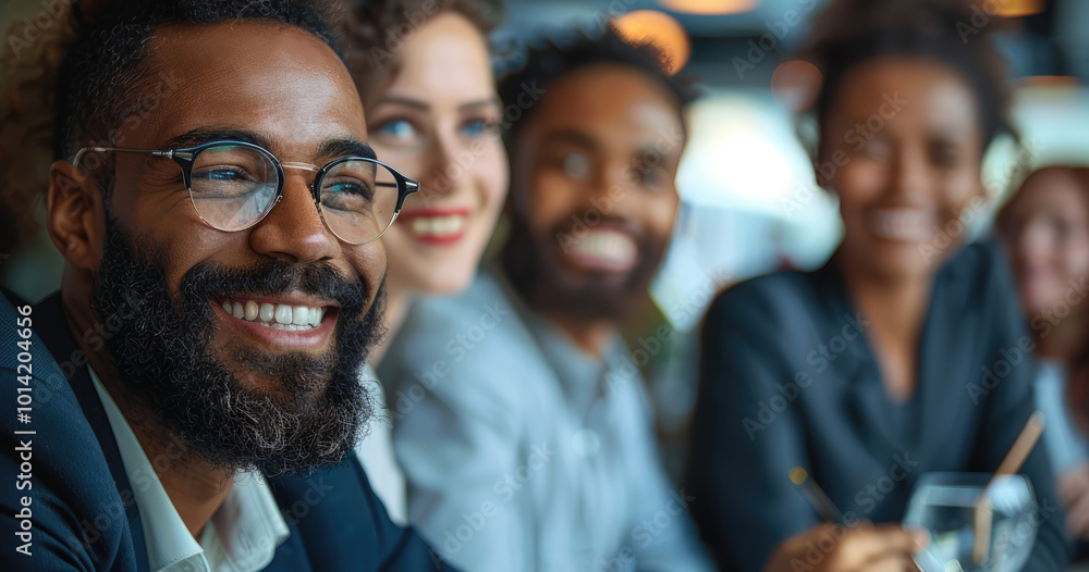 Aufkleber a multicultural team of business men and women sitting around a sleek office desk, smiling and discu