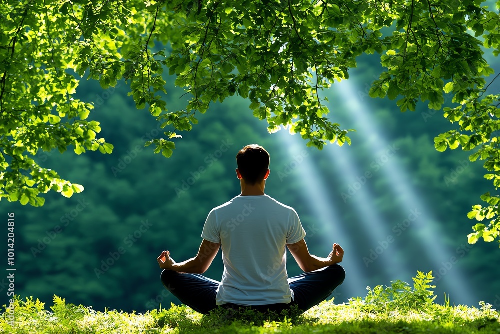 Poster Figure practicing mindfulness in a quiet forest, surrounded by soft beams of light filtering through the trees, representing peace and focus