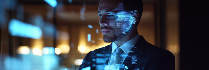 Generative ai. Businessman, illuminated by digital hologram, futuristic office, technology interface, blue and warm lighting, contemplative expression, shallow depth of field, professional attire