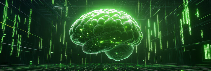 Generative ai. Futuristic digital brain, neon green glow, cybernetic design, virtual reality environment, digital matrix, high-tech visuals, glowing circuits, virtual intelligence theme