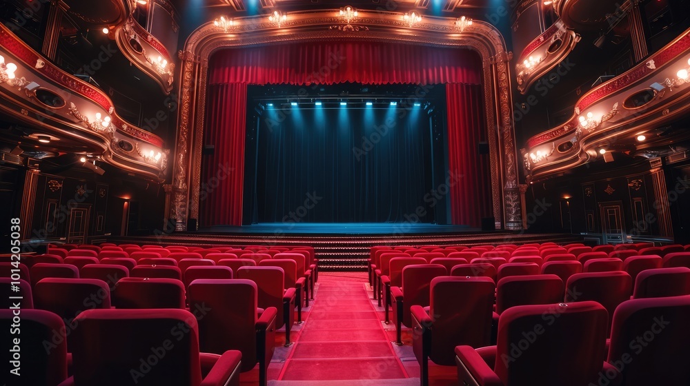 Aufkleber A luxurious theater auditorium viewed from behind with seats at a higher elevation in the back and lower closer to the stage. The stage is a blank black screen with red curtain pulled back.