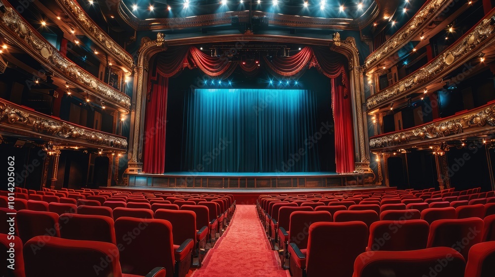 Poster a luxurious theater auditorium viewed from behind with seats at a higher elevation in the back and l