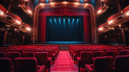 A luxurious theater auditorium viewed from behind with seats at a higher elevation in the back and lower closer to the stage. The stage is a blank black screen with red curtain pulled back.