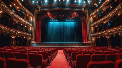 A luxurious theater auditorium viewed from behind with seats at a higher elevation in the back and lower closer to the stage. The stage is a blank black screen with red curtain pulled back.