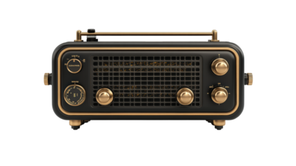 A vintage-style black and gold radio with various dials and knobs, evoking a retro aesthetic against a clean white background.