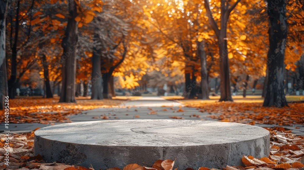 Poster an empty podium for a stone product in an autumn park.