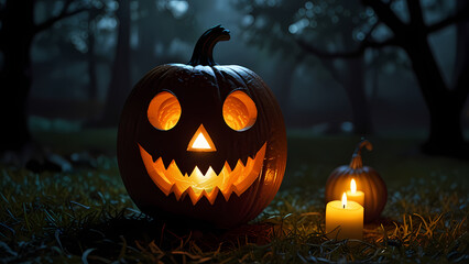 A glowing pumpkin lantern as the central focus for Halloween decorations