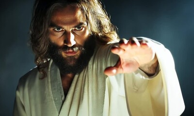 Jesus Christ in white clothes extends his hand to you against the sky as a symbol of Christianity - Powered by Adobe