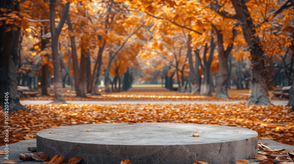 Poster an empty podium for a stone product in an autumn park.
