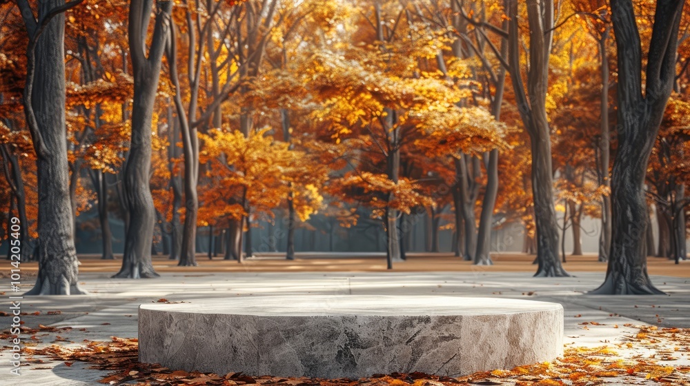 Poster an empty podium for a stone product in an autumn park.
