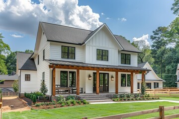 Front view of a modern farmhouse-style home in Buckhead, featuring white exterior with dark wood accents, a porch, and a wooden fence.
