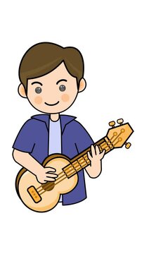 Boy plays a ukulele guitar cartoon animation in a transparent background. Suitable for adorable performance characters and musical entertainment element content. Seamless looping