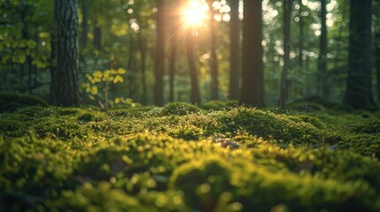 Fototapeta premium The forest floor is covered with moss, and sunlight filters through the trees.