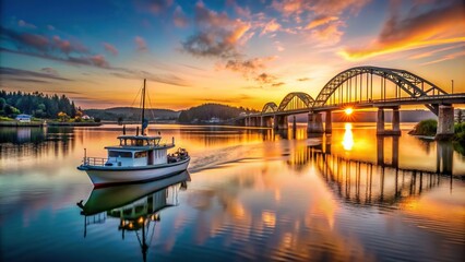 Obraz premium Evening light casts a warm glow on the picturesque Siuslaw River and bridge in Florence Oregon as a fishing boat smoothly glides on the tranquil water captured with a fisheye lens
