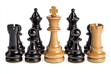 Classic chess pieces in contrasting colors on display