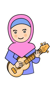 A cute girl in hijab plays a ukulele guitar cartoon animation in a transparent background. Suitable for adorable performance characters and musical entertainment element content. Seamless looping