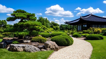 Fototapeta premium Japanese Garden Landscape with Pavilion Stone Path and Bonsai Tree