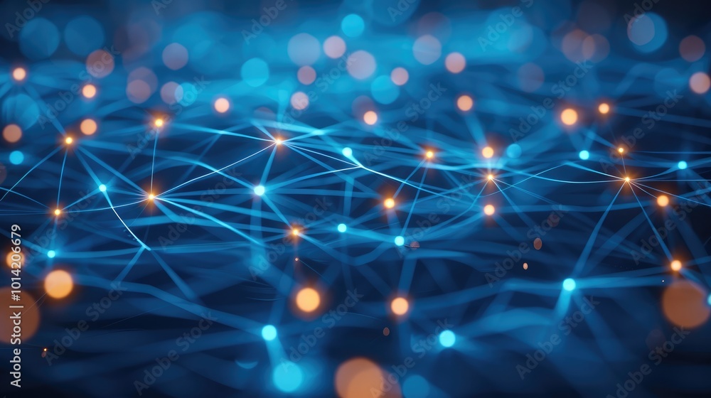 Aufkleber An abstract digital network with glowing blue lines connecting bright nodes, geometric shapes and lines forming interconnected patterns, themes of technology, data science, and futuristic networks.
