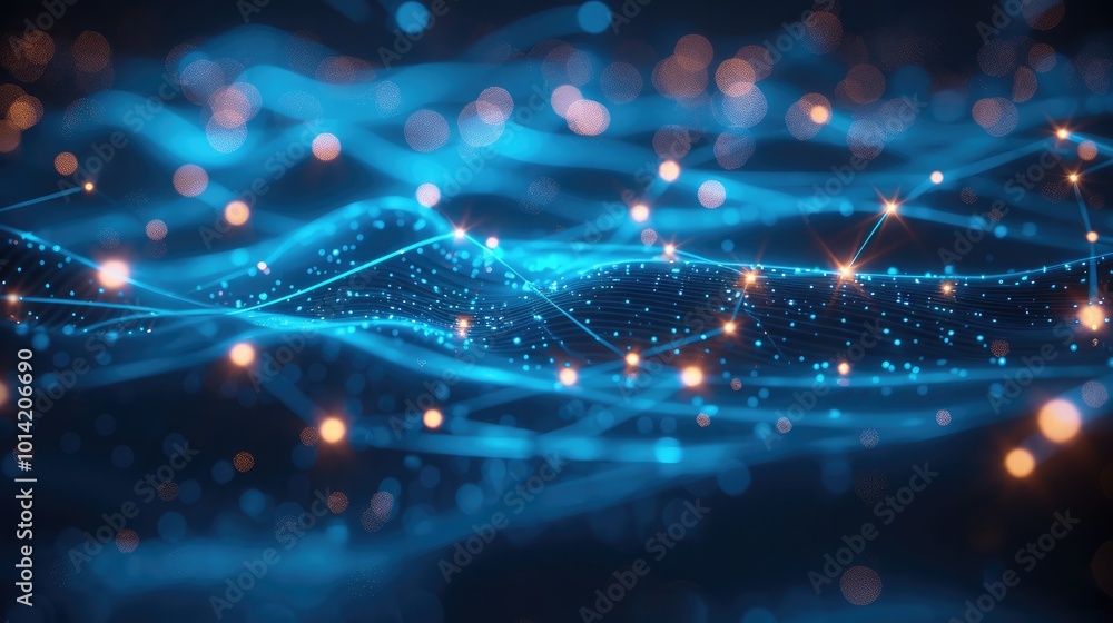 Aufkleber an abstract digital network with glowing blue lines connecting bright nodes, geometric shapes and li