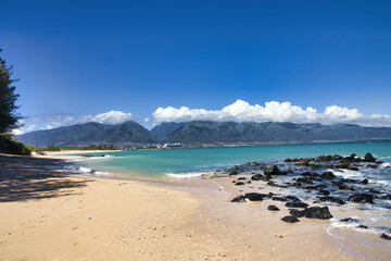 Docked cruise ship in Wailuku seen from Kanaha Beach on Maui.