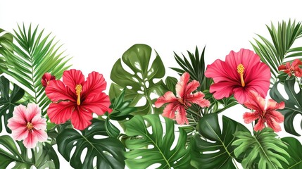 Obraz premium A seamless border of vibrant pink and red hibiscus flowers with lush green tropical leaves on a white background.