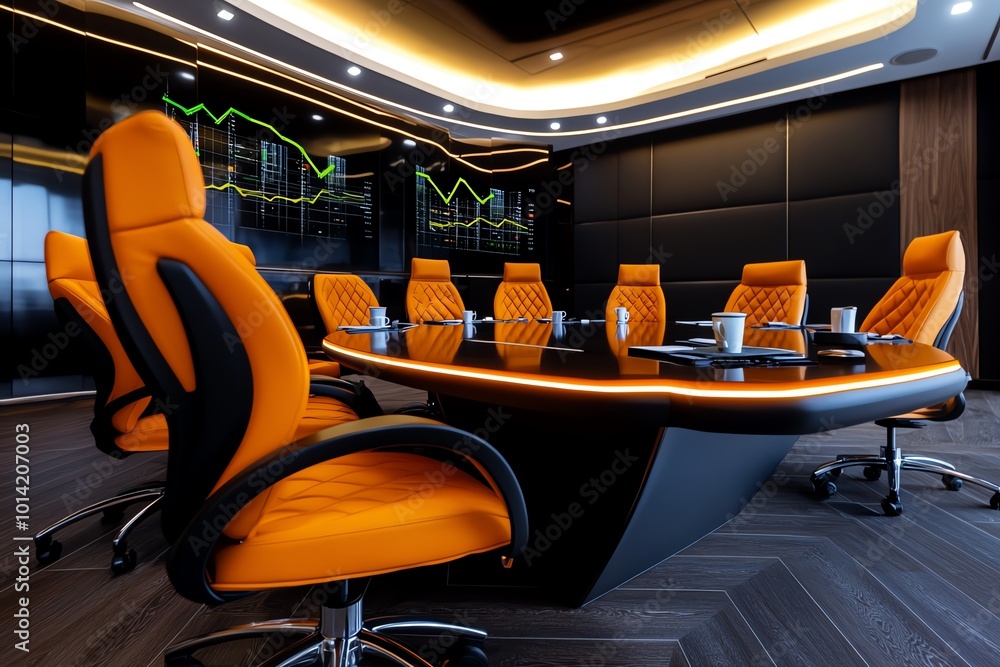 Poster futuristic boardroom with glowing charts, where business leaders discuss customer satisfaction and q