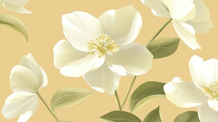 Obraz premium A seamless pattern of white flowers with green leaves on a light yellow background.
