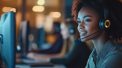 woman in call center wearing headset, engaged in conversation, with colleagues working in background, creating productive atmosphere