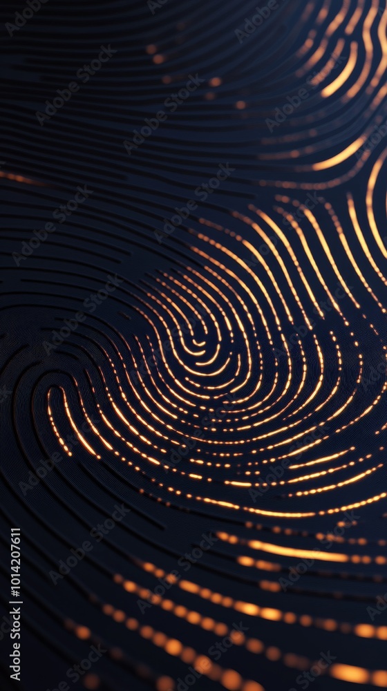Poster glowing abstract fingerprint pattern in dark background, digital security concept