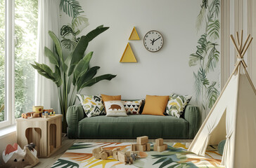 A white wall in the children's room decorated with tropical elements, a green sofa and pillows on it, wooden toys around, a large plant, a colorful carpet on the floor