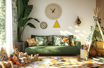 A white wall in the children's room decorated with tropical elements, a green sofa and pillows on it, wooden toys around, a large plant, a colorful carpet on the floor
