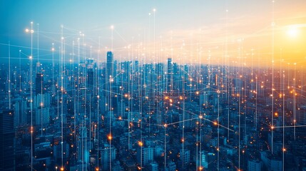 A cityscape at sunset with glowing lines connecting buildings, symbolizing connectivity and communication.