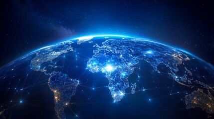 Obraz premium World map from space, network connections illuminated across the globe. Global trade and finance system concept generative ai