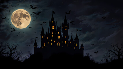 a silhouette of a haunted castle set against a large, glowing full moon in a dark night sky for Halloween Background