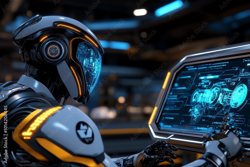 Poster futuristic factory producing high-tech products, with robotic quality checks and holographic screens