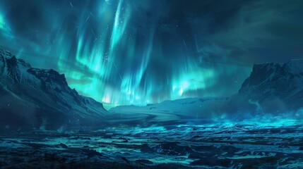 Naklejka premium Mesmerizing Aurora Borealis Lights Reflecting on Frozen Lake in Snowy Mountain Landscape