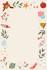 Christmas elements doodle line childish style as a frame on old paper background graphic illustration. Merry Christmas greeting card vertical template.