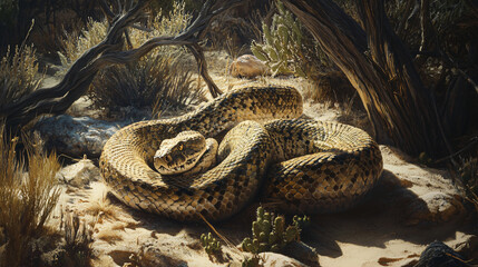 Obraz premium A rattlesnake coiled and ready to strike