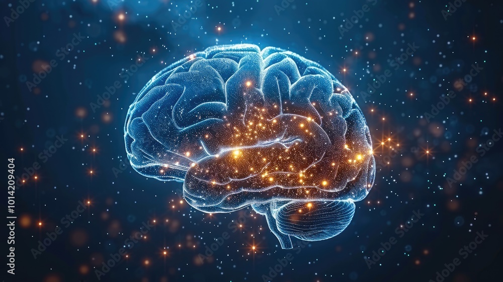 Poster the human brain with glowing stars around it, make the brain's nerve super detailed, symbolizing int