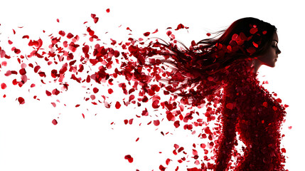 The lady&rsquo;s body dissolves into petals being blown away by the wind, creating a dynamic, flowing composition