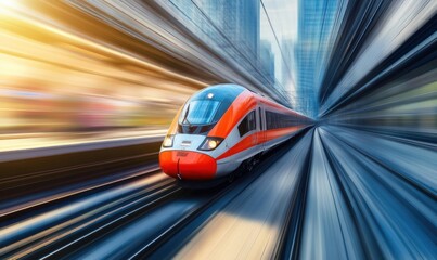 Fototapeta premium A high-speed train races through a city, leaving a trail of motion blur.